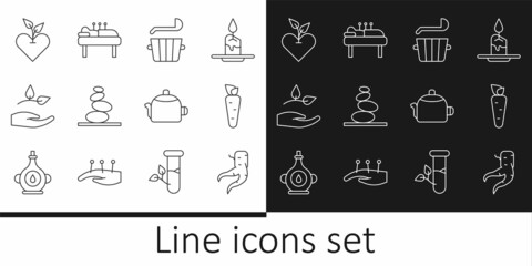 Sticker - Set line Ginger root, Carrot, Sauna bucket and ladle, Stack hot stones, Leaf hand, Heart, Kettle with handle and Acupuncture therapy icon. Vector