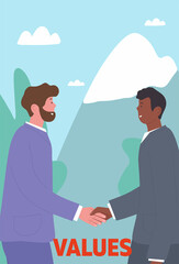Poster - Businessmen make deal. Men in business suits shake hands. Collaboration of two successful companies. Entrepreneurs cooperating. Investor and director of company. Cartoon flat vector illustration