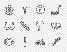 Set Line Bicycle Bell, Pedals, Screwdriver, Cassette, Suspension, And Handlebar Icon. Vector