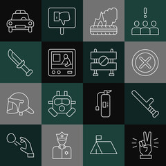 Wall Mural - Set line Hand showing two finger, Police rubber baton, X Mark, Cross circle, Lying burning tires, Television report, Military knife, car flasher and Road barrier icon. Vector