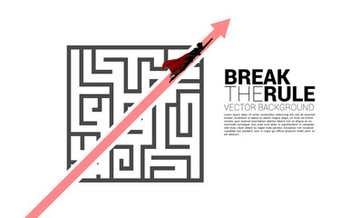 Poster - silhouette of superhero fly with Red arrow route break out of maze. Business concept for problem solving and solution strategy.