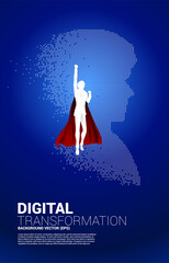 Poster - silhouette of superhero fly with head from pixel transformation . Concept background human future and technology