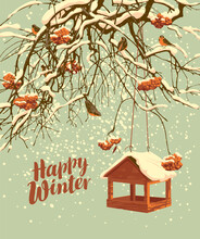 A Winter Landscape With The Inscription Happy Winter, Snow-covered Branches And Red Clusters Of Rowan Tree, A Bird Feeder And A Flock Of Small Frozen Sparrows. Beautiful Vector Banner In Retro Style