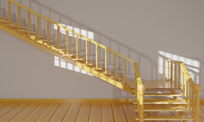 Wall Mural - wooden staircase and light in the white room.3d rendering.