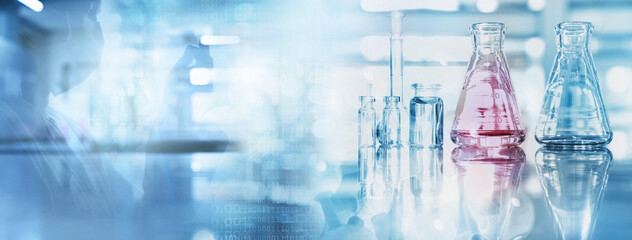 scientist shadow with glass flask and beaker in medical health science of blue technology banner bac