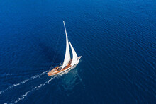 Classic Sail Boat In Mediterranean Sea, Aerial View

