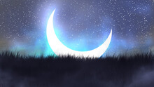 Night Landscape Depicting A Crescent On A Starry Night Among The Grass. Digital Art Style, 2D Illustration