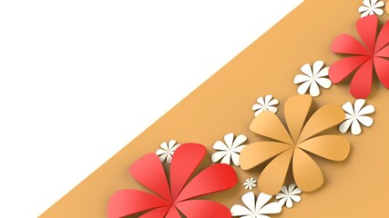 Fototapete - Orange-white background with blue-red paper flowers. Concept image of happy Invitation and reception sign. 3D high quality rendering. 3D illustration. High resolution.