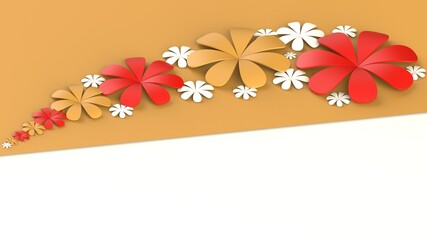 Fototapete - Orange-white background with blue-red paper flowers. Concept image of happy Invitation and reception sign. 3D high quality rendering. 3D illustration. High resolution.