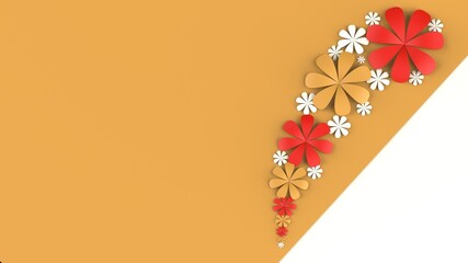 Fototapete - Orange-white background with blue-red paper flowers. Concept image of happy Invitation and reception sign. 3D high quality rendering. 3D illustration. High resolution.