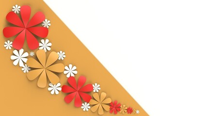 Fototapete - Orange-white background with blue-red paper flowers. Concept image of happy Invitation and reception sign. 3D high quality rendering. 3D illustration. High resolution.