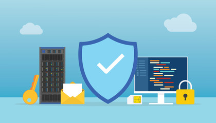 Fototapete - network security concept with shield and padlock server with programming language with modern flat style
