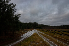 Two Rarely Used Country Roads Stick Together, Wooden Fence, Pine Forest, Cloudy Sky, Traces Of Snow