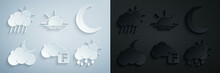 Set Fahrenheit And Cloud, Moon Stars, Cloud With Moon, Rain Sun, Sunrise And Icon. Vector