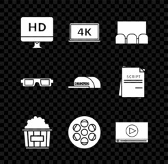 Wall Mural - Set Computer PC monitor with HD video technology, Laptop screen 4k, , Popcorn in cardboard box, Film reel, Online play, 3D cinema glasses and Cap inscription director icon. Vector