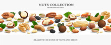 Vector Horizontal Seamless Pattern With Nuts And Seeds. Realistic 3d Icons With Shadows. Peanuts, Almonds, Hazelnuts, Cashews, Pecans, Macadamia Nuts, Walnuts, Pine Nuts, Pistachios, Sunflower Seeds