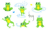 Fototapeta  - Cute little Green Frog Smiles, Jumps, Hunts insects, dreams. A set of vector illustrations