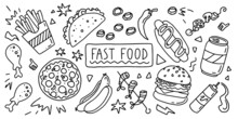 Fast  Food. Simple Doodle Outline Style. Raster Stock Black And White Illustration.