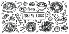 Korean Cuisine, Food. Simple Doodle Outline Style. Vector Stock Black And White Illustration.