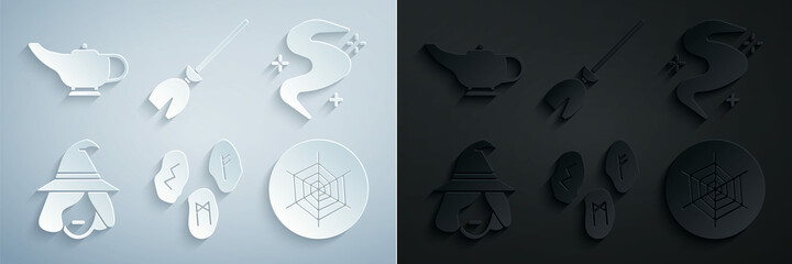 Wall Mural - Set Magic runes, fog or smoke, Witch, Spider web, Witches broom and lamp Aladdin icon. Vector