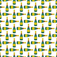 Seamless Pattern With Green Bottle Of Champagne Or Sparkling Wine For Holiday, Party And Birthday. Print With Alcoholic Drink On White Background. Vector Flat Illustration
