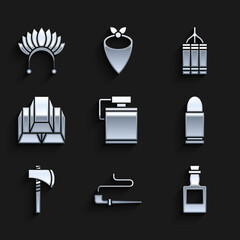 Poster - Set Canteen water bottle, Smoking pipe, Tequila, Bullet, Tomahawk axe, Gold bars, Dynamite bomb and Indian headdress with feathers icon. Vector