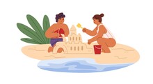 Kids Build Sand Castle On Beach On Summer Holidays. Children Play With Sandcastle, Shovel And Bucket On Sea Cost. Seaside Fun For Boy And Girl. Flat Vector Illustration Isolated On White Background