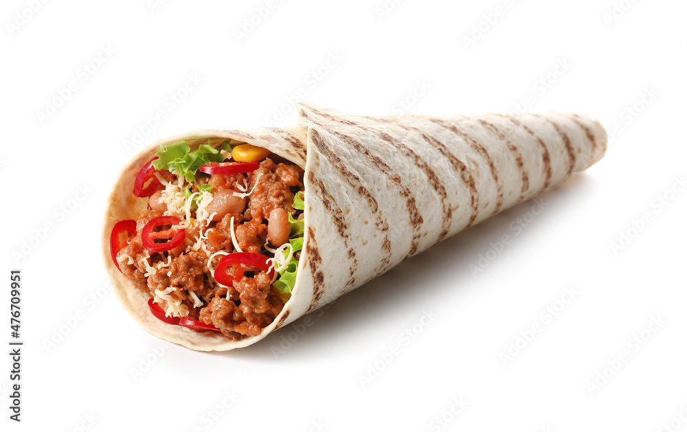 Tasty burrito on white background