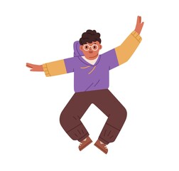 Poster - Happy kid jumping up for fun. Cute active child in motion. Positive energetic carefree boy rejoicing. Merry jolly excited person with energy. Flat vector illustration isolated on white background