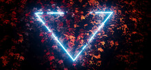 Sci Fi Futuristic Glowing Triangle Neon Fluorescent Blue Light In Autumn Orange Vibrant Leaf Bush Night Dark Realistic Magical Background 3D Rendering