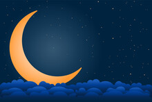 Moon, Stars And Clouds In Midnight. Dark Night Sky Background With Copy Space. Crescent Moon And Starry Nighttime Skies. Christmas Night. Ramadan Kareem Poster. Sweet Dream Concept.Vector Illustration