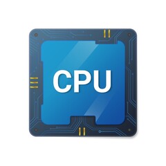 Poster - Central cpu processor. Microprocessor blue chip with lines for connecting and transmitting digital information and data processing electronic semiconductor for technological vector equipment.
