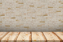 Wooden Board Empty Table In Front Of Light Brick Wall Background. Background Blurred. Mock Up For Display Of Product.
