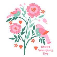Valentine's Day Card With Cute Birds And Flowers. Vector Graphics.