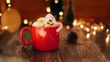 A Cup Of Hot Chocolate With Marshmallows On Wooden Table, Christmas Drink On Festive Background With Copy Space.