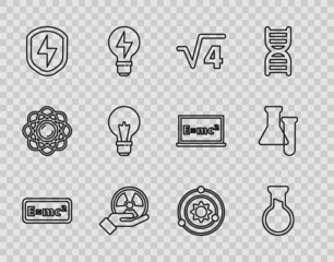 Set line Equation solution, Test tube and flask, Square root of 4 glyph, Radioactive, Secure shield with lightning, Light bulb concept idea, Solar system and icon. Vector