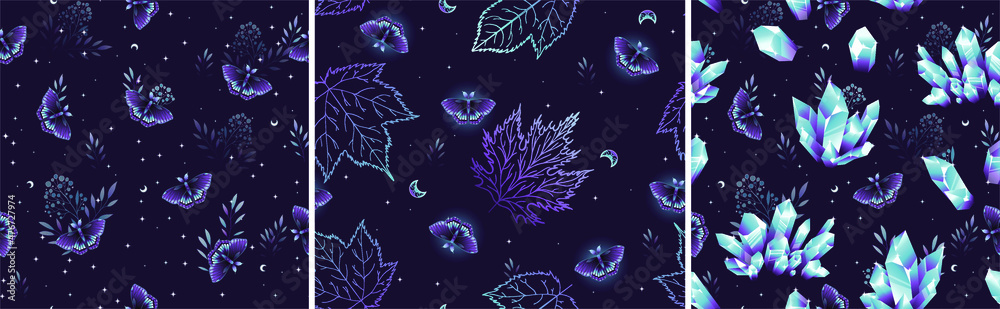 Set of seamless patterns with moths. Vector graphics. Contemporary ...