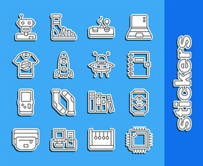 Canvas Print - Set line Processor with CPU, Energy drink, Spiral notebook, Gamepad, Rocket ship, T-shirt, Robot and UFO flying spaceship icon. Vector