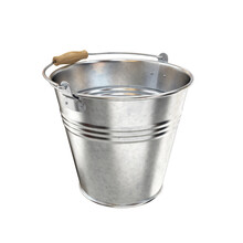 Silver Iron Bucket With Lowered Handle On A White Background, 3d Render