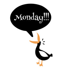 Hand drawn funny vector albatross or a seagull with wide open beak screaming Monday in a talk cloud