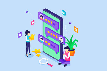 Poster - Customer reviews concept. a young woman stands near a big smartphone holding a star to give review and feedback. Customers evaluate a product or service. Isometric Vector Illustration