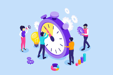 People trying to stop time. A man hangs on an arrow of a giant clock. Time management, Time limit, and Deadline concept. isometric vector illustration