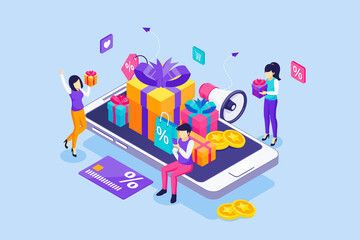 Wall Mural - Group of happy people near a giant smartphone with Gift boxes, Rewards card points, Discounts, and Bonuses. Loyalty program and Customer reward concept. Isometric Vector Illustration