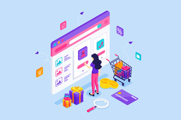 Wall Mural - A Young Woman buys things in an online website store. Gift boxes, Credit cards, Shopping cart. Online shopping concept. Isometric Vector Illustration