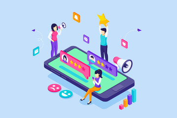 Poster - Young people near a big smartphone give reviews, feedback, and evaluation for a product or service. Customer experience and satisfaction concept. Isometric Vector Illustration