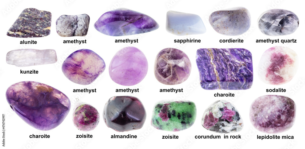 Stock Foto set of various tumbled purple stones with names Adobe Stock