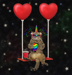 Wall Mural - A beige caticorn in sunglasses with a smartphone is swinging on red heart shaped balloons on the star night sky.