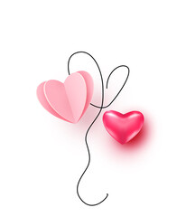 Wall Mural - realistic red and pink heart in paper cut 3d style with continuous line heart balloon isolated on wh
