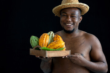 Happy shirtless African man farmers carry crates of cocoa fruit, looking at camera on black background