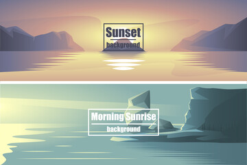 Sunrise and sunset. Set of two vector wide banners.